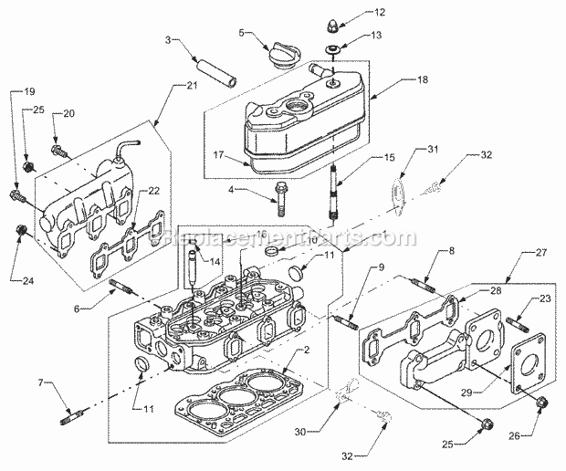 Cylinder Head And Manifolds Diagram and Parts List for 5234DL 54AL544-710, 54BL544-710 Cub Cadet Lawn Tractor
